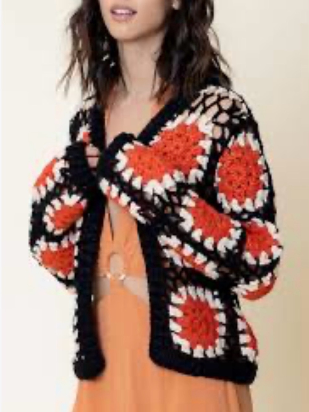 En Crème Multicolored Long Sleeved Open Crochet Cardigan.